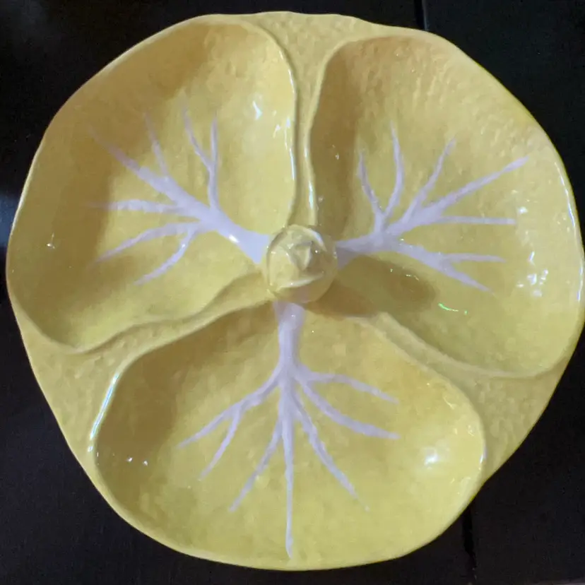 Vintage Secla Portugal Yellow Cabbage Leaf 3-Part Relish Dish 13”
