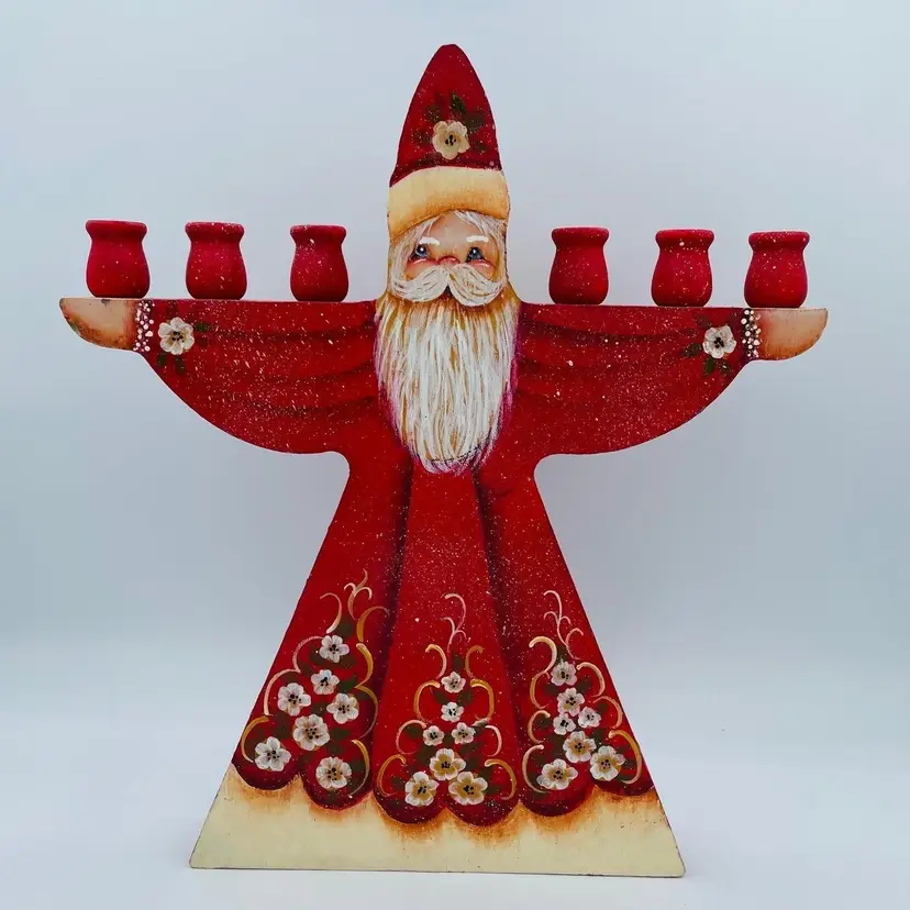 Folk Art Hand Painted Handmade Wooden Santa Claus Candelabra 6 Candle Holder
