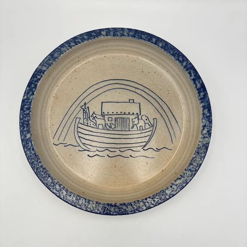 Eldreth Pottery Noah’s Ark Blue Spongeware Plate Signed 1991 Folk Art Stoneware