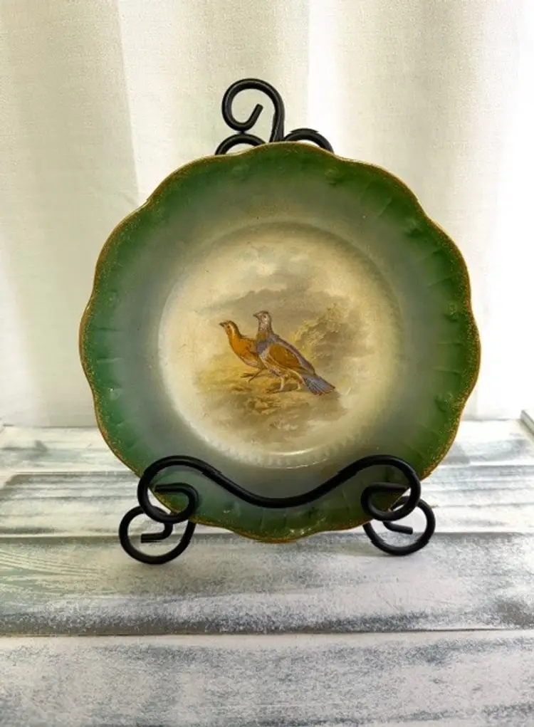 Antique French Porcelain Limoges Plate Quail Scene Green with Gold Trim