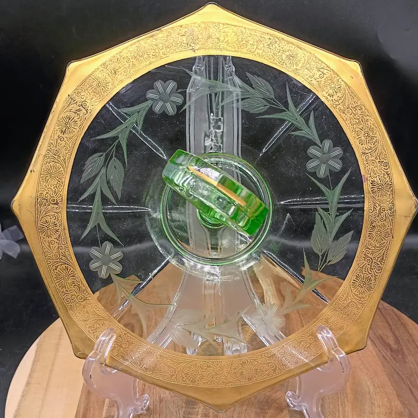 VTG  Etched Uranium Depression Glass Octogon Serving Tray with Handle Gold Rim.