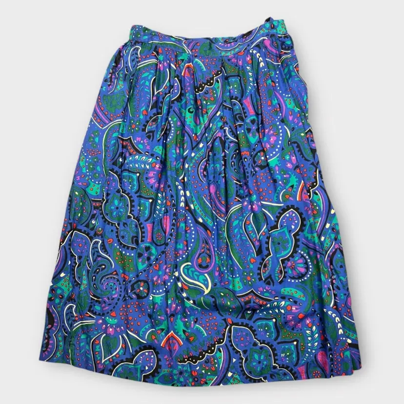 Vintage Paisley Pleated Midi Skirt High Waist Rayon Blue Small