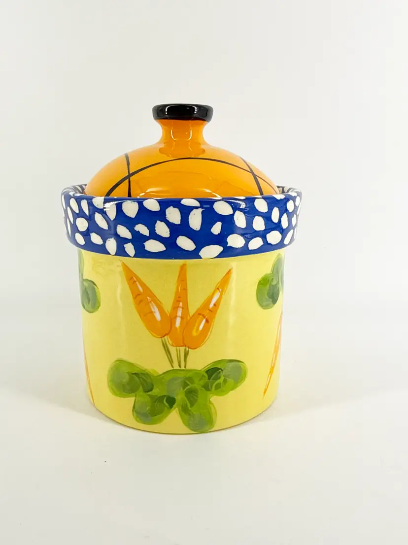 Signed Droll Designs Hand Painted 6.5" Carrot Ceramic Canister Vegetable Crock