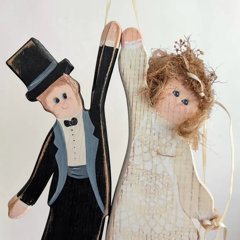 Bride And Groom Hand Painted Wall Hanging Vintage Cute 1990s