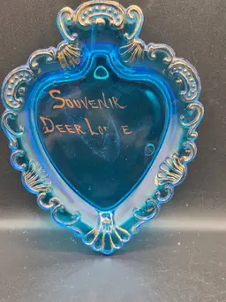 Vintage Blue Glass Heart-Shaped Souvenir Trinket Dish Gold Accents "Deer Lodge"