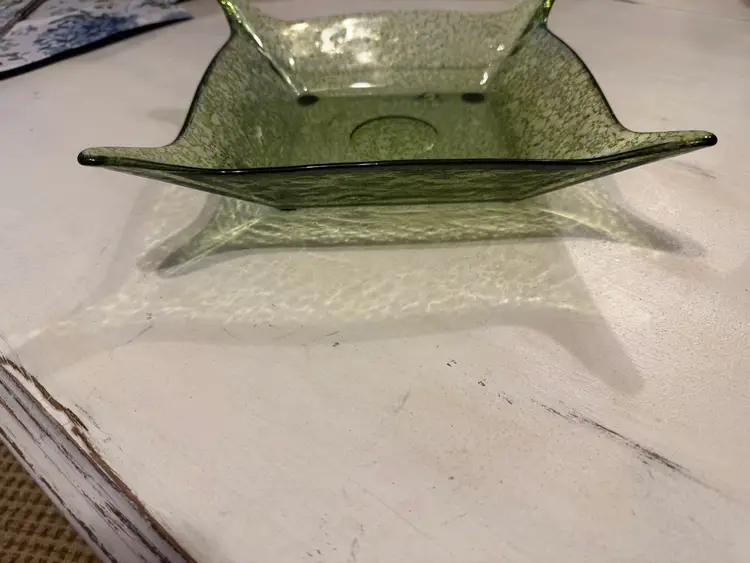 Vintage Handmade Spanish Recycled Glass Bowl, 10” Square; Green; Christmas dish