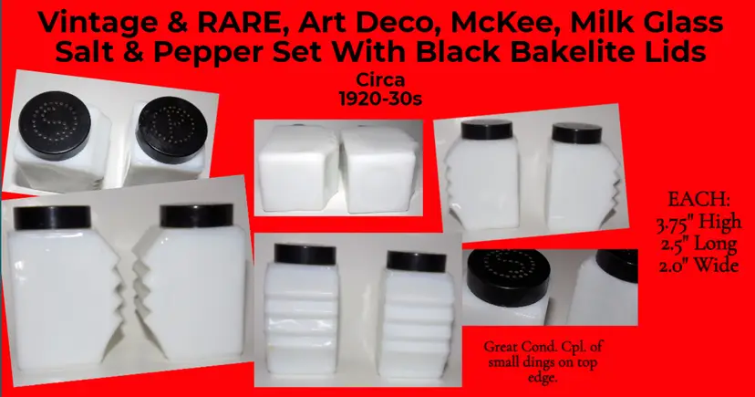 Antique & RARE, Milk Glass McKee Art Deco S&P Shakers With Black Bakelite Lids