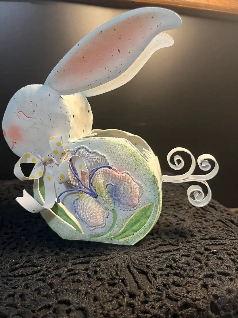 Pastel Metal Bunny w/ Yellow Polka Dot Bow Votive Holder. Has Votive Cup