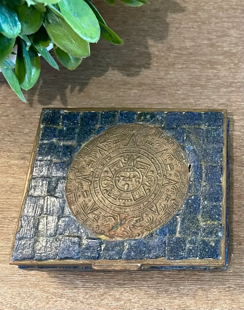 Vintage MCM Mexican Salvador Teran Style Lapis Blue Glass Mosaic Brass Box Mayan
