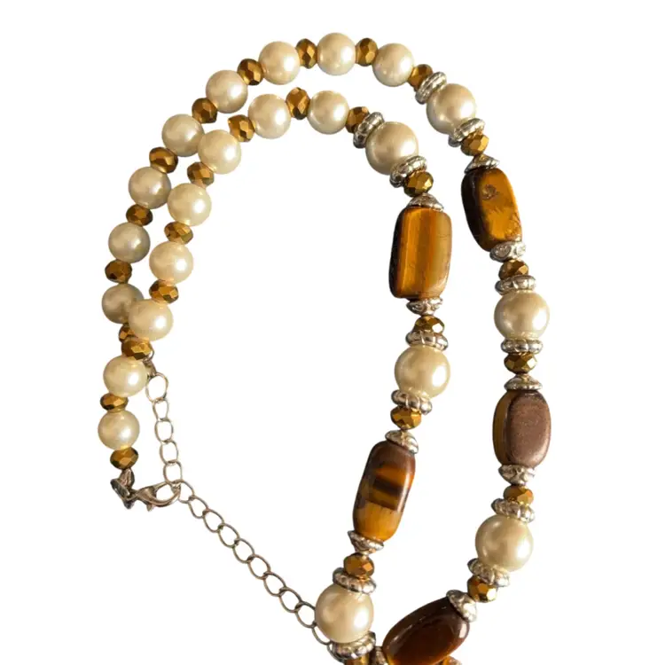Tiger Eye Necklace With Faux Pearls