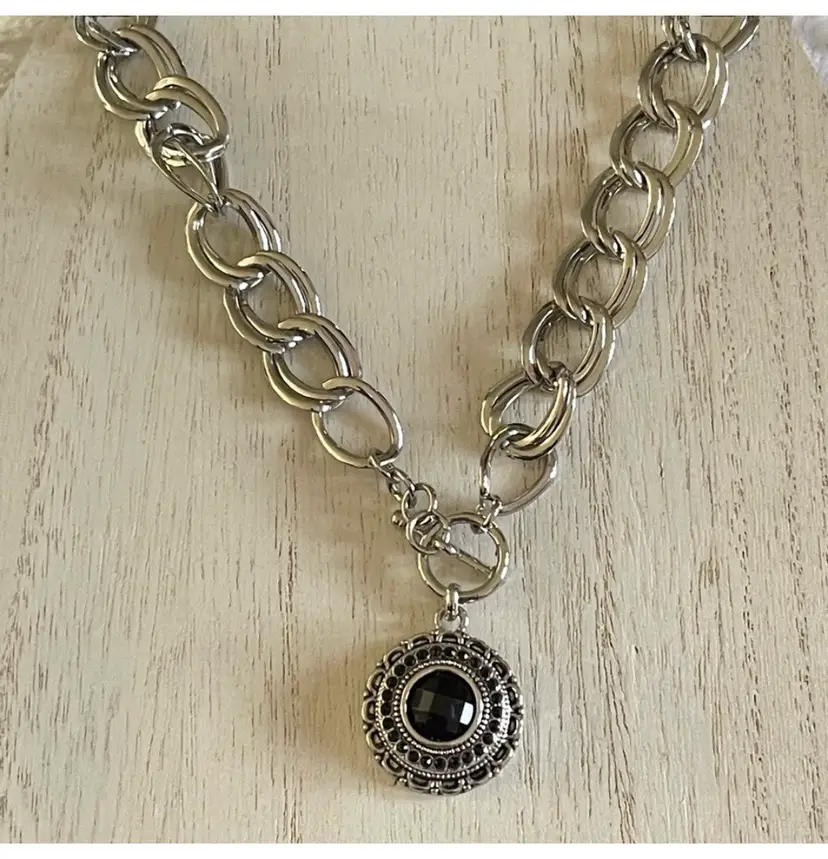 Chunky Cuban chain link with round black faceted pendant