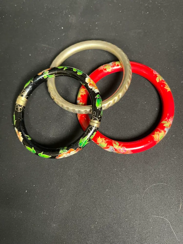 #01 2 Colorful Cloisonne Bracelet & 1 Textured Silvered Toned Bracelet