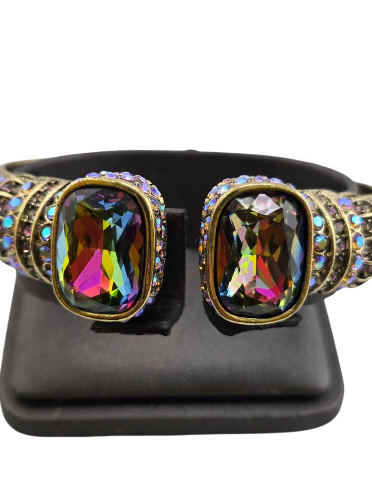Signed Heidi Daus CN Watermelon Glass And Rhinestone Clamper Bangle Bracelet