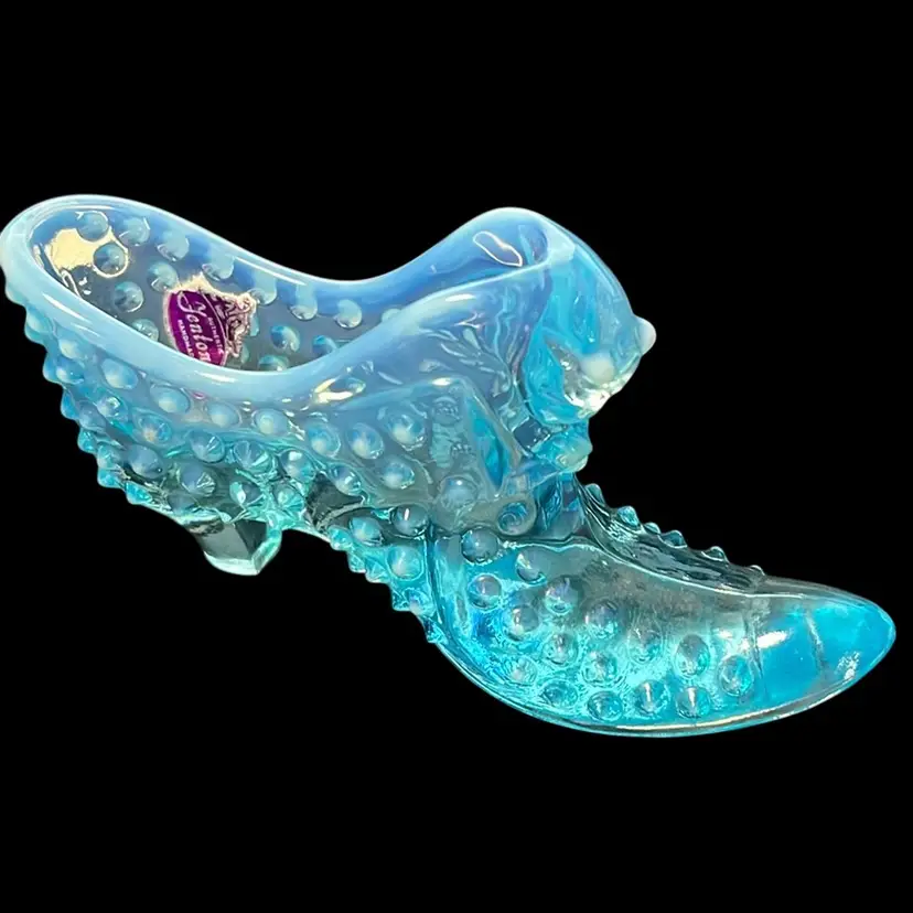 Vintage Beautiful Aqua blue opalescent hobnail Cat Head glass slipper shoe by Fenton. Original Purple Sticker Says “handmade “…before 1970