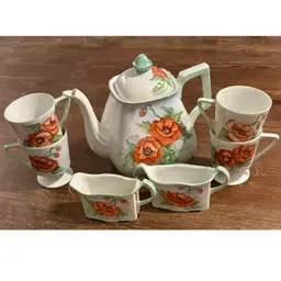 Porcelain Hand Painted 8 Piece Japan Poppy Vintage 1978 Tea Set