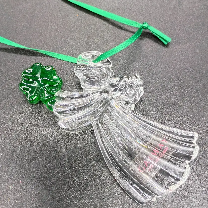 Galway Crystal Ireland Clear Pressed Crystal Angel with Shamrock Ornament