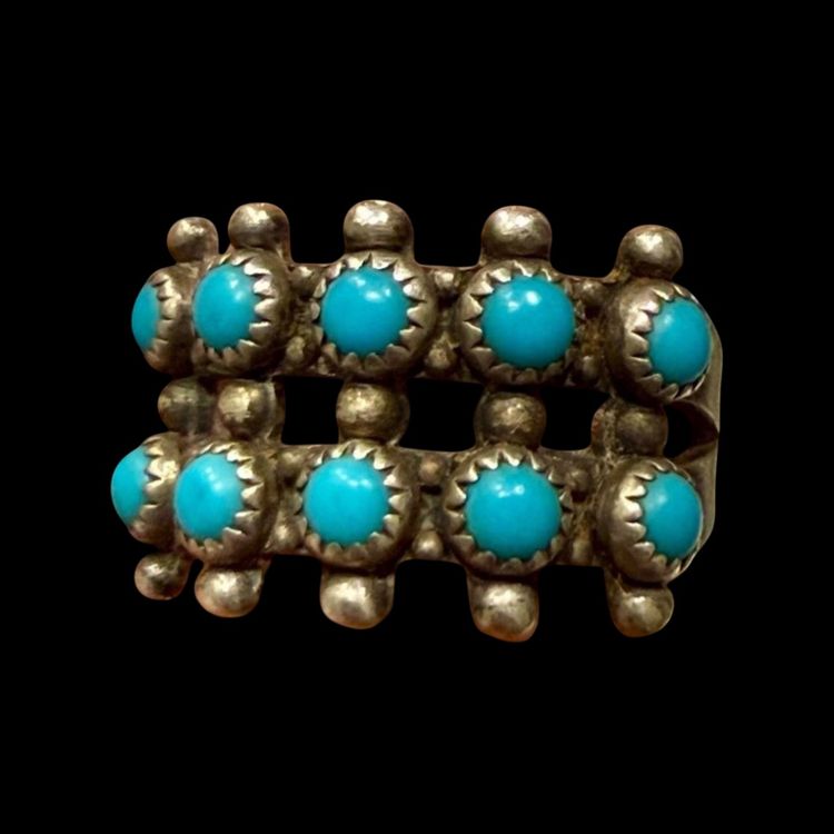Vintage Navajo Bell Trading Co Sterling Silver Petit Point Snake Eye Turquoise Ring Size 6, 4.1g