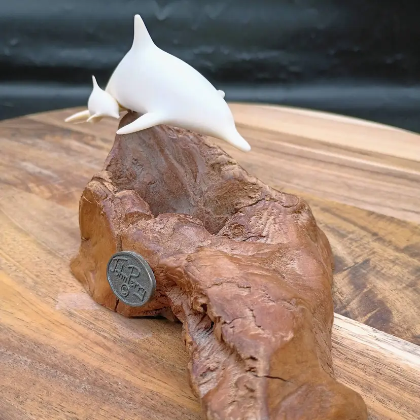 John Perry Mother and Baby Dolphin Figurine on Wooden Base .