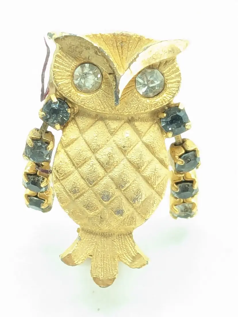 Vintage Owl Brooch Pin Rhinestones Gold Tone