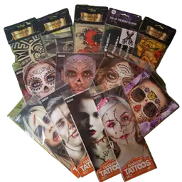 Lot of 13 NEW SEALED Temporary Tattoos - 4 Sleeves, 1 Glove, 8 Face Blood Stitches Halloween