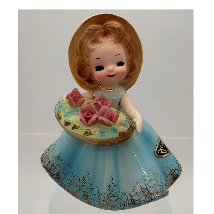 Josef Originals 1974 May Girl with Flower Basket Blue Dress 4” Japan Gold Trim