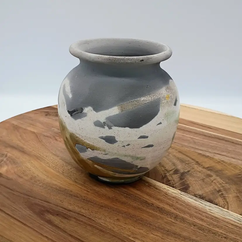 Studio Art Pottery Raku Vase Gray with Greens Browns & White 5 " Tall Signed JR