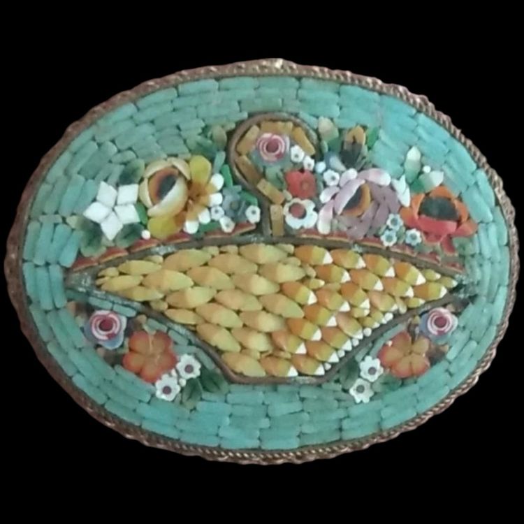 Micro Mosaic Basket Of Flowers Brooch 2”