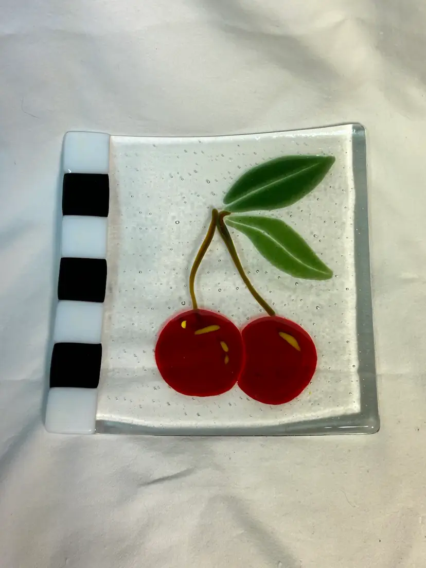 Fused Glass With Cherries And Checkered Board Design