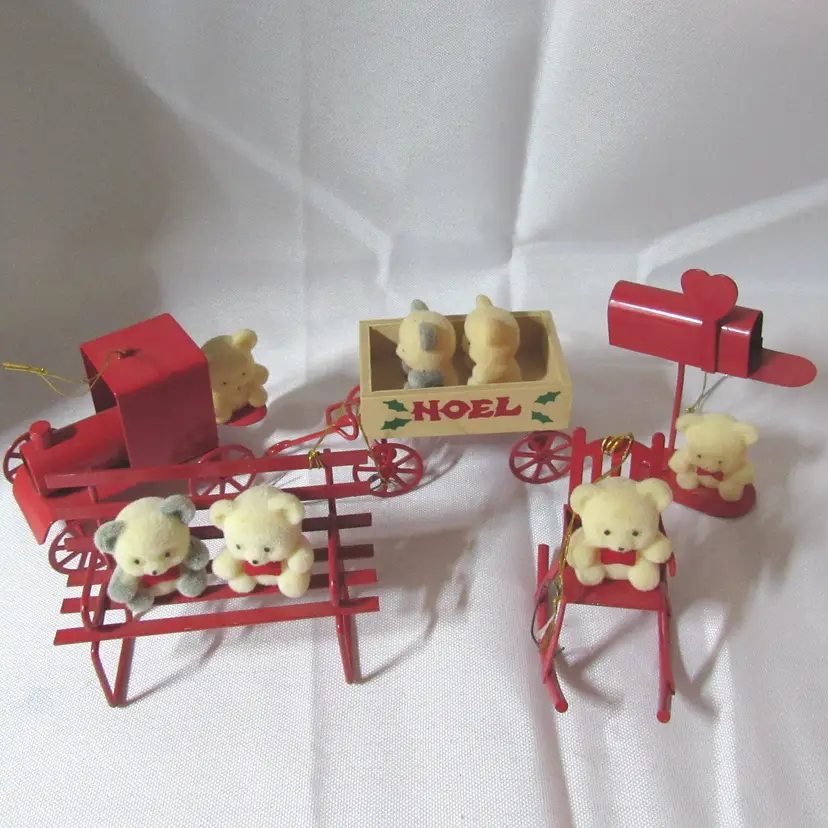 Set of 5 Avon Red Metal/Teddy Bear Ornaments