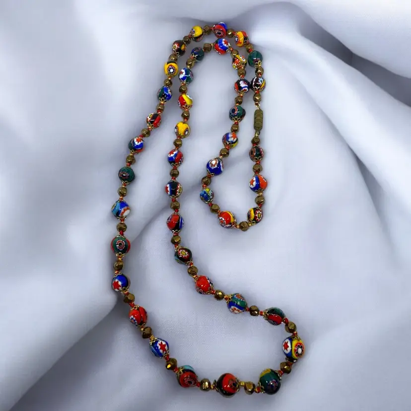 Vintage Hand Knotted Murano MILLEFIORI Art Glass Floral Round Bead Italy Necklace. 30 Inches Length