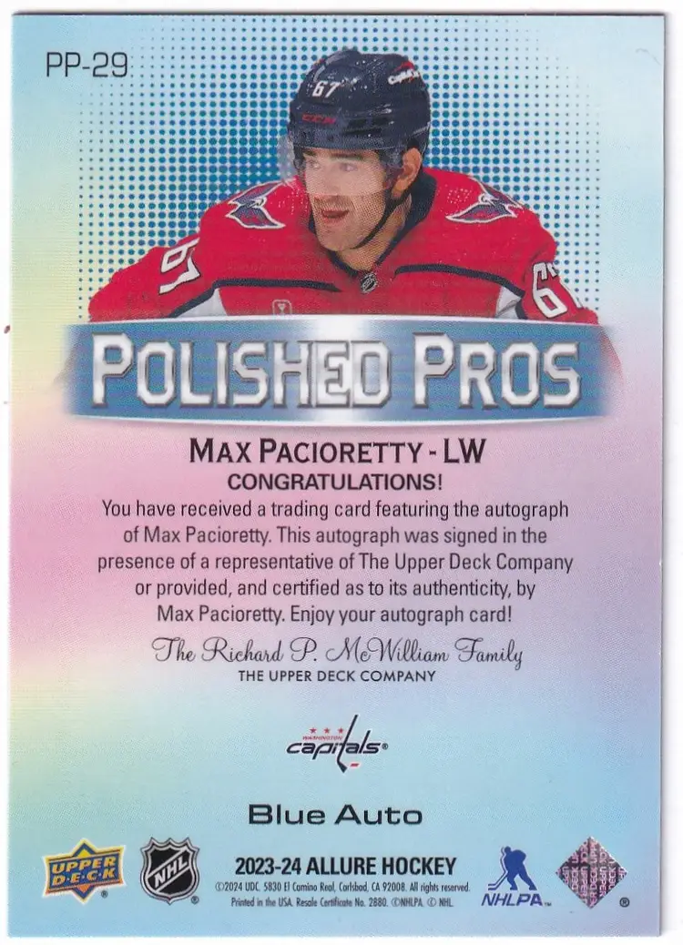 2023-24 Upper Deck Allure Polished Pros Autographs #PP29 Max Pacioretty Washington Capitals Hockey Card