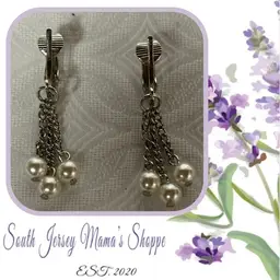 Vintage Silver Tone Chain With Faux Pearl Dangle Clip Earrings