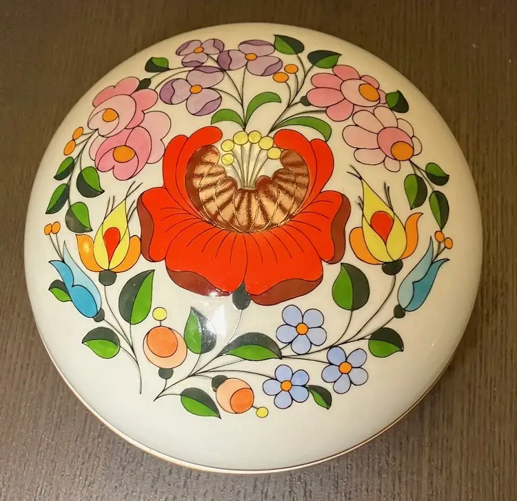 VTG Hungarian Kalocsa Handpainted Porcelain Trinket Dish with Cover