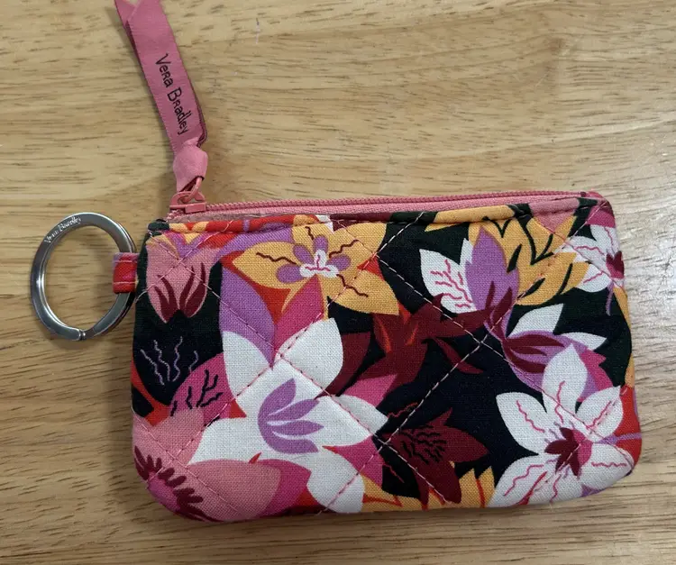 Vera Bradley Zip ID Case in Floral Pattern-RFID Key Ring Wallet Snap Closure