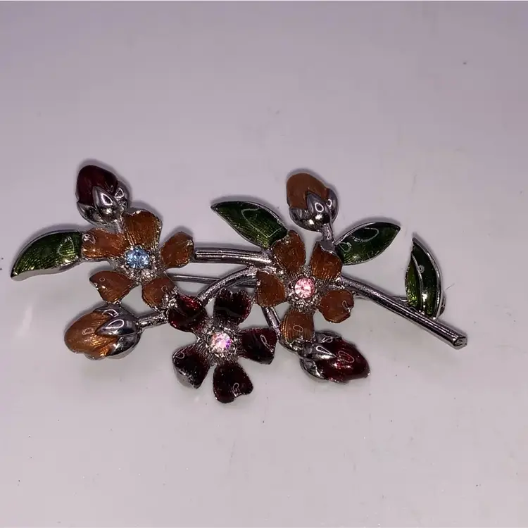 Liz Claiborne Floral Brooch 2 1/4” Long  Maroon & Browns