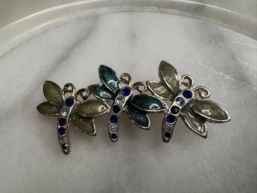 Vintage Triple Dragonfly Brooch Silver-Tone Blue Enamel With Rhinestones