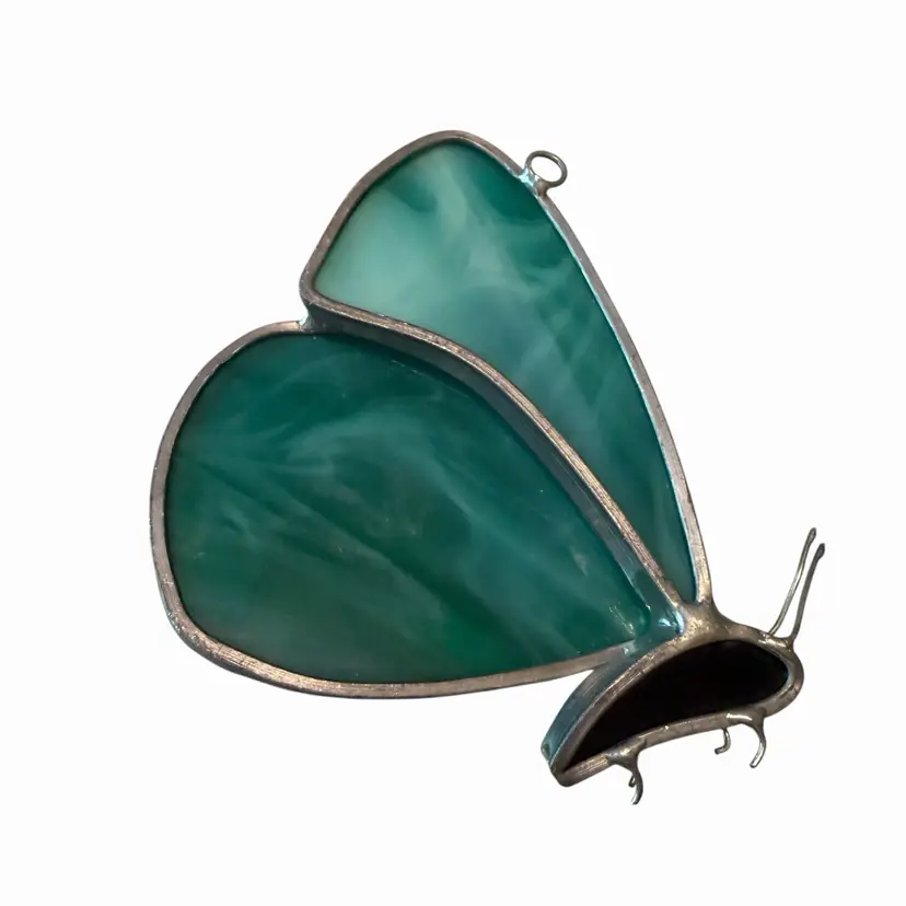 Handcrafted stained glass butterfly suncatcher in teal and white iridescent, nature home decor or window hanging, glass art gift idea