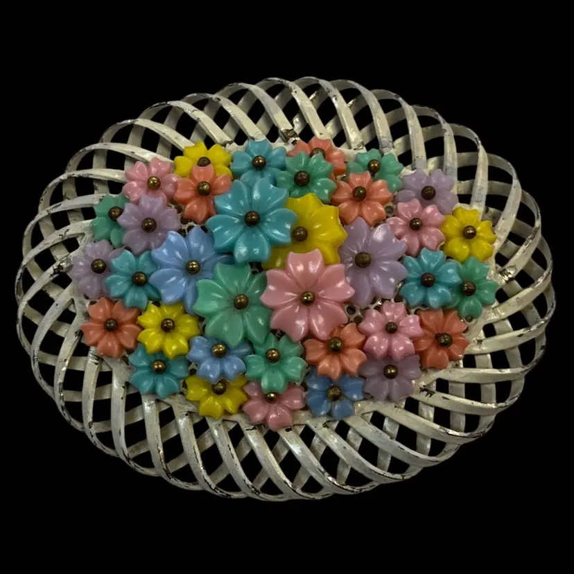 #5B - Early Miriam Haskell Brooch Wired Celluloid Flower Metal Lattice Border