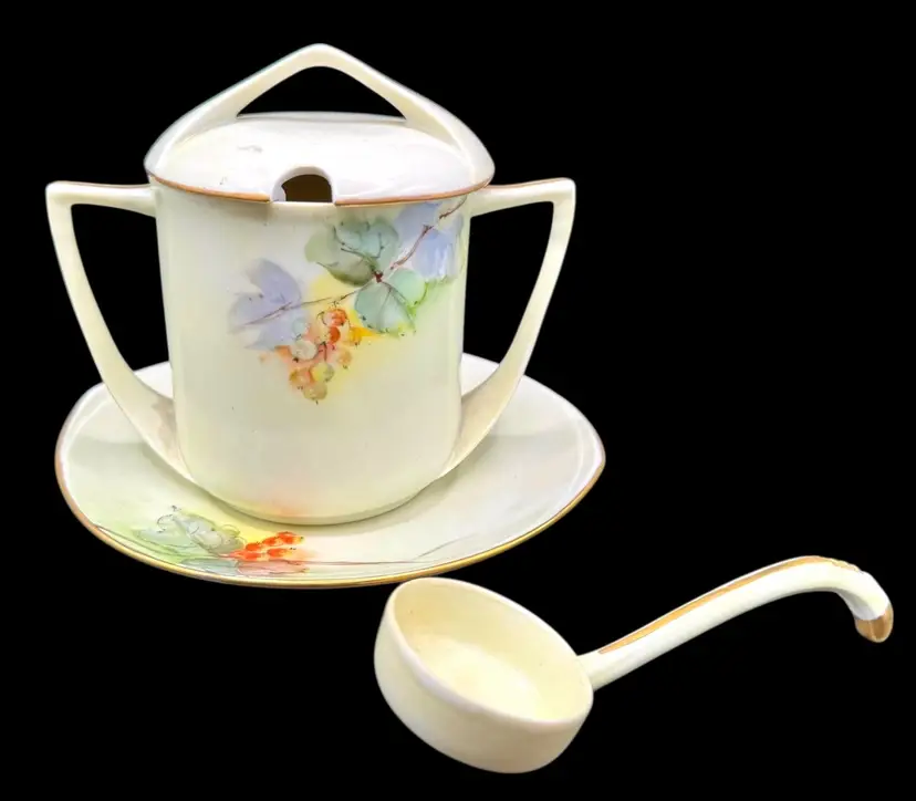 Vintage Porcelain Condiment Sugar Jam Jar Spoon Plate Sugar Bowl Oregon Japan