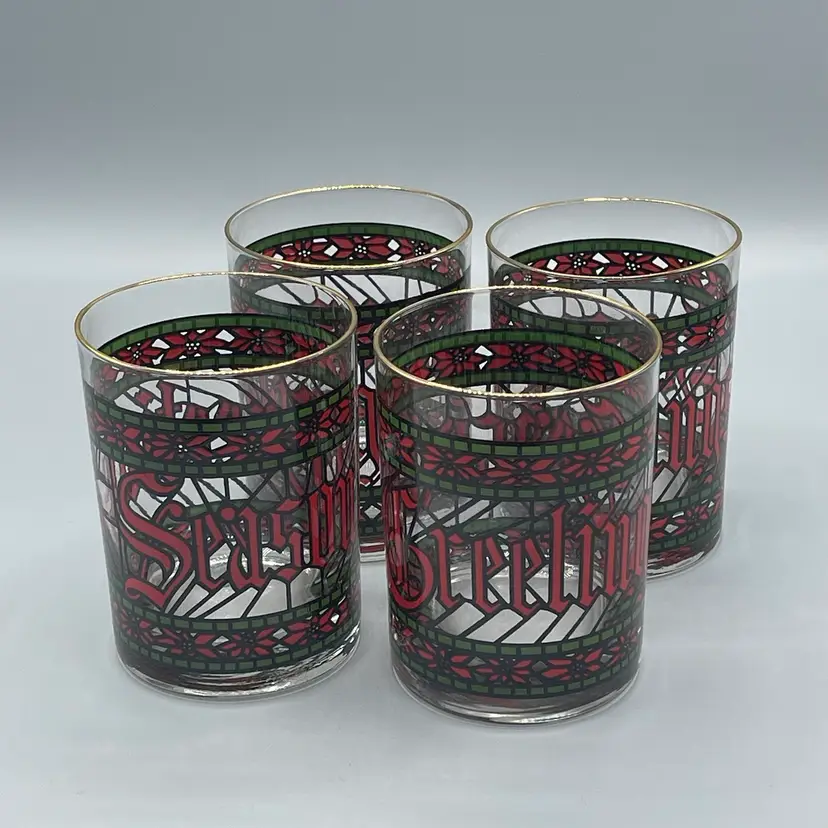 Set Of 4 Houze Season’s Greetings Rocks Low Ball Tumbler Glasses Stained Glass Look