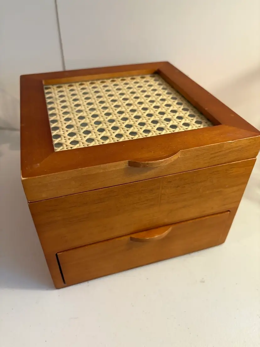 Natural Wood Jewelry Box With Glassed In Cane Weaving