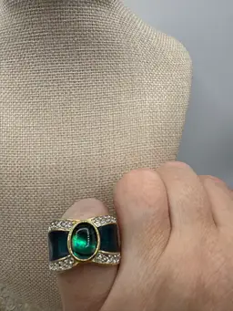 Vintage Womens Genuine Green Abalone Ring 18k Gold Electroplated Austrian Crystal 1970s Statement Band Ring