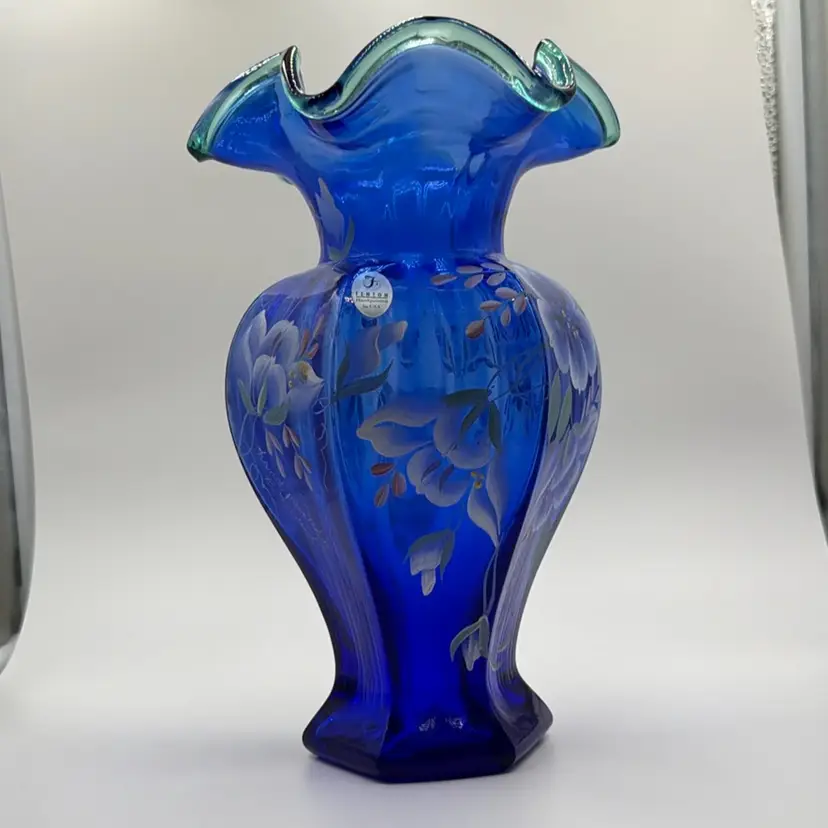Fenton 1998 Cobalt Blue 75th Anniversary Hexagonal Vase Hand Painted Green Crest Hand-Painted and Hand-Signed