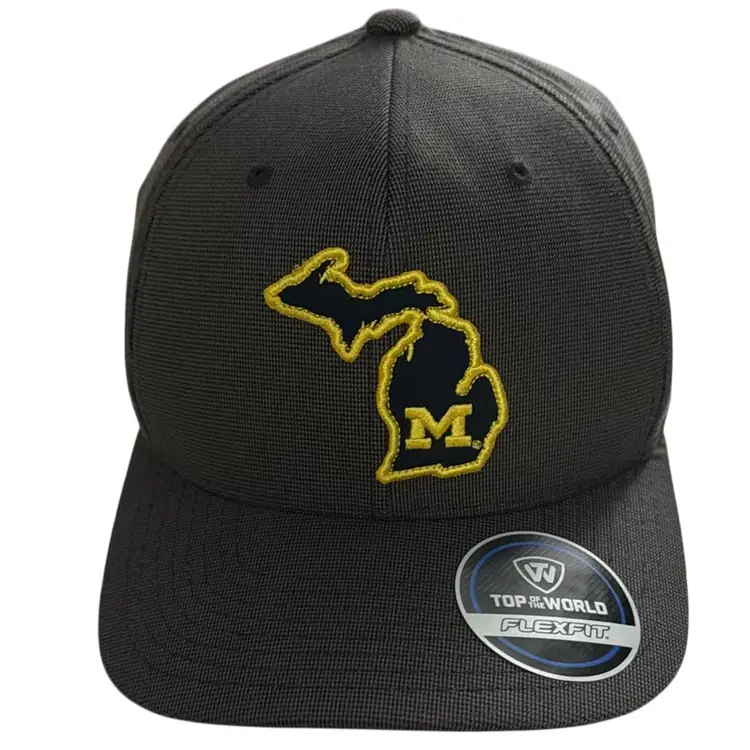 New $50 Top of the World Michigan Wolverines Flexfit hybrid cap featuring an embroidered logo of the state of Michigan with a block "M".
