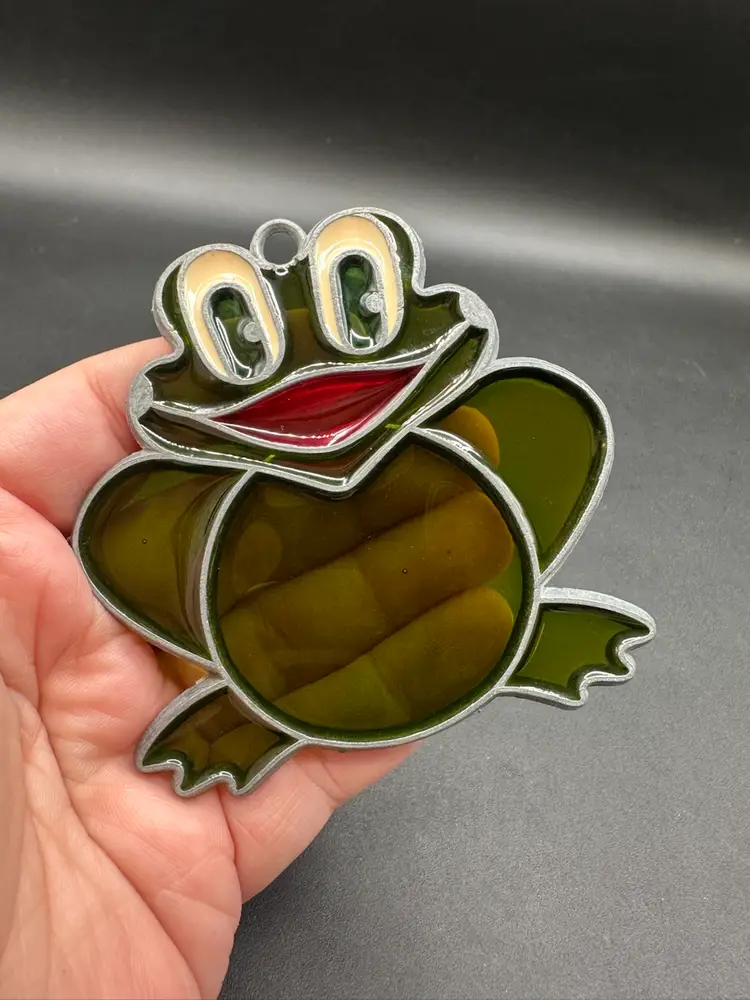 Vintage Stained Glass Happy Frog Window Decor 3”T 3”W Unmarked