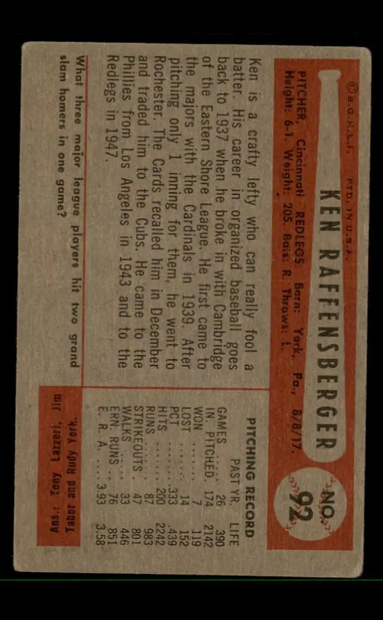 1954 Bowman #92 Ken Raffensberger - (pk-tl3) - Cincinnati Redlegs