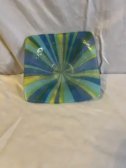 Higgins Glass Roman Stripe Blue Green Fused Glass Bowl