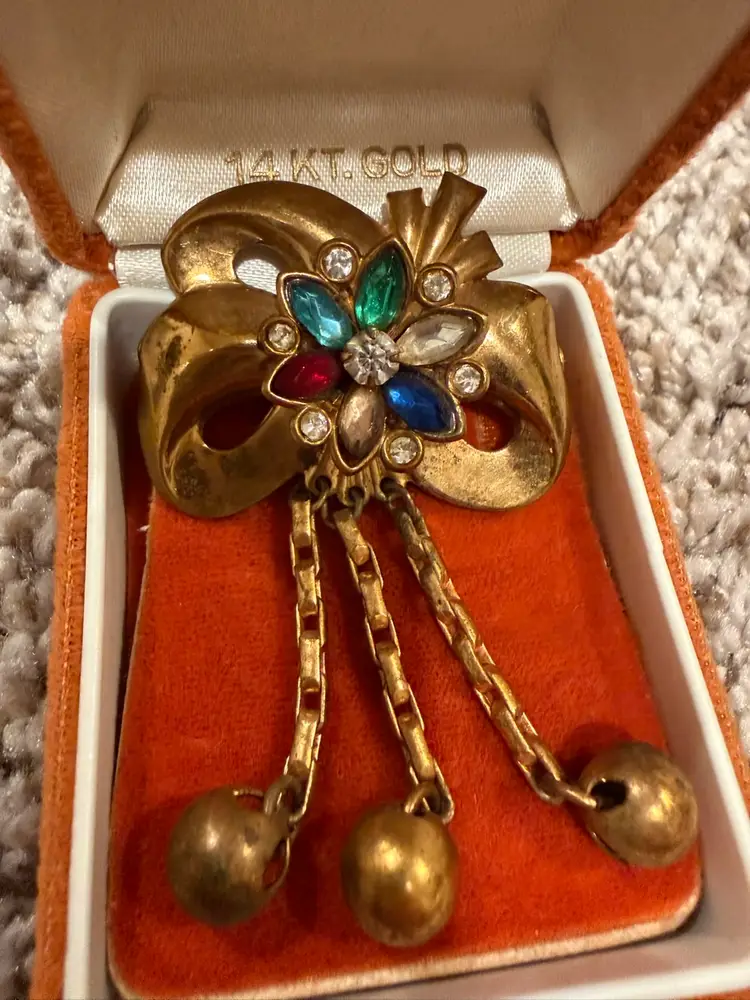 Vintage Gold Toned Multi Colored Rhinestone Brooch