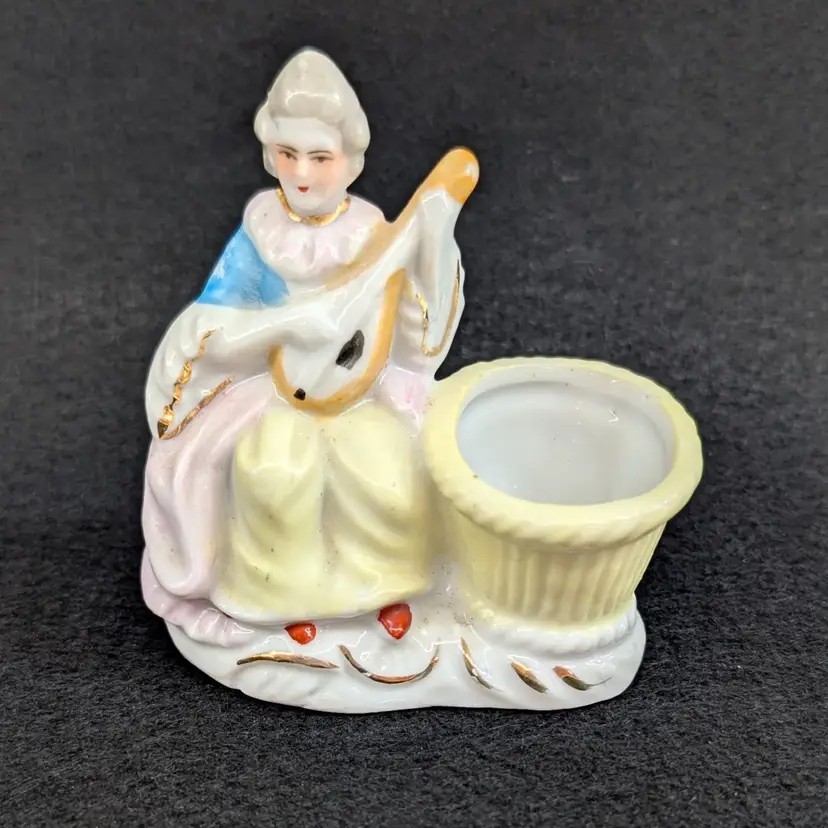 Vintage Lady Playing Lute Guitar Toothpick Holder Occupied Japan Ceramic 3" Tall