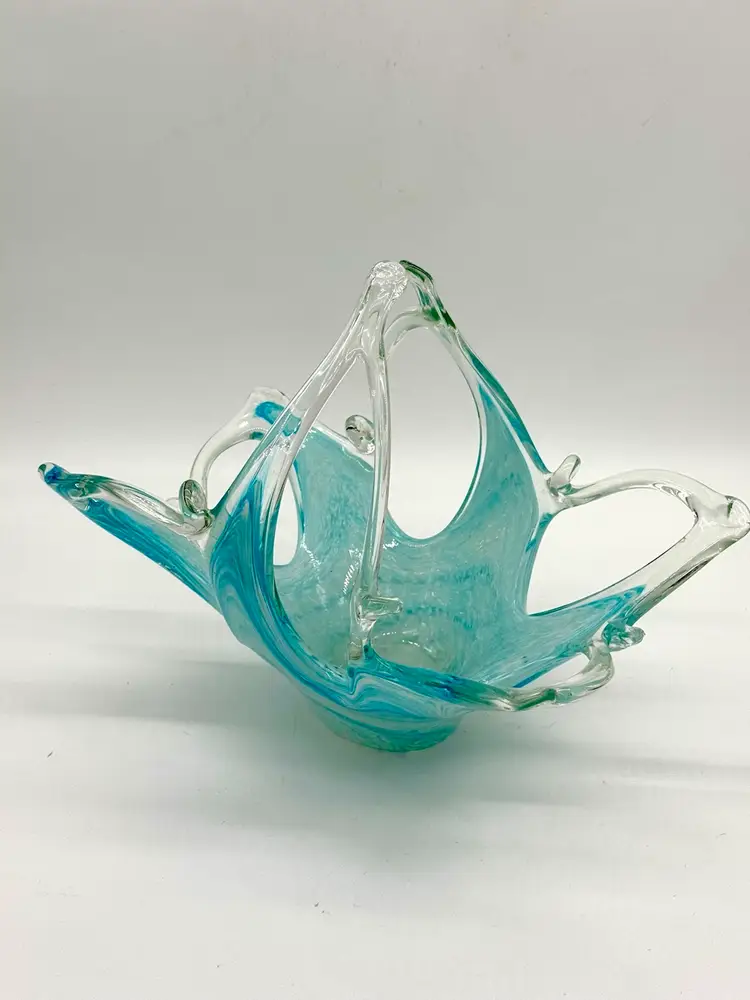 Basket  Beautiful Sea Aqua Blue Chalet Style Hand Blown  Art Glass Blue Wave Swirl On Base 14”W x 12”H  AS IS see photos.  its gorgeous